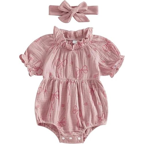 Twopumpkin Baby Girl Summer Clothes Muslin Bubble Romper Short Sleeve Ruffle Smocked Outfit 0 3 6 9 12 18 Month Cute