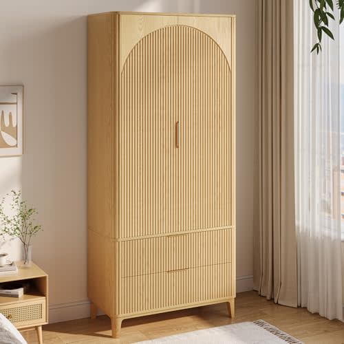 Oxirth 70.1" Arched Wooden Armoire Wardrobe Closet with 2 Doors and 2 Drawers, Fluted Bedroom Armoire with Hanging Rod Shelf, Clothing Storage Cabinet, Wardrobe Armoire Closet Cabinet for Bedroom