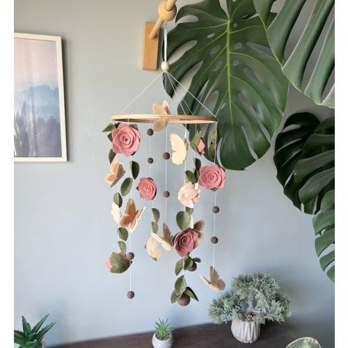 Flowers baby mobile, Butterfly crib mobile, green floral baby mobile, hanging felt mobile, cot mobile for baby girl, flowers nursery decor