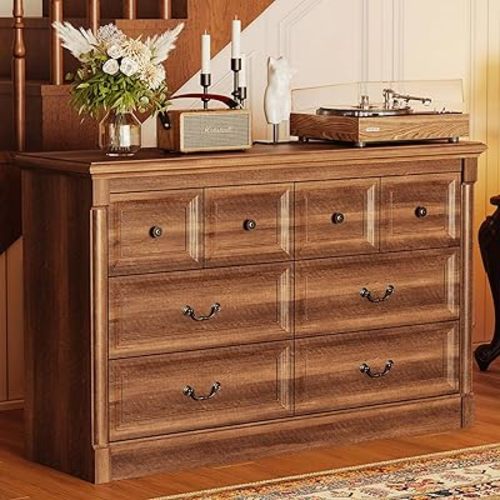 Concho Farmhouse 8 Drawers Dresser for Bedroom, 53'' Wide Wood Chest of Drawers with Spacious Deep Storage Space, Rustic Storage Dressers Organizer, TV Stand for Living Room, Bedroom, Rustic Brown