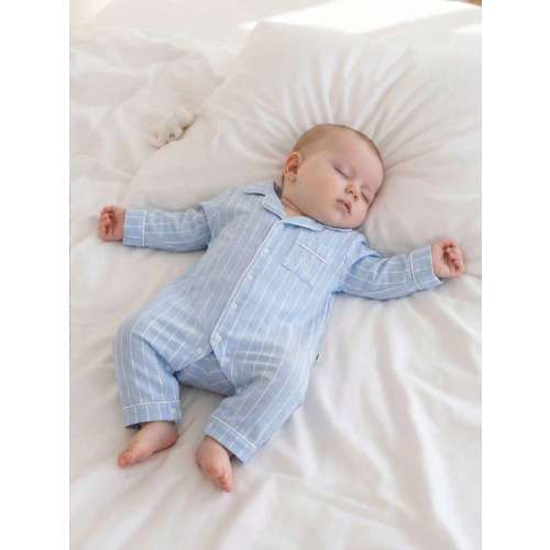 Newborn Baby Romper, Blue & White Striped, Front Pocket, Embroidered Horse Design, Lapel Collar, Long Sleeve, Long Pants, Jumpsuit, Crawling Suit, Loungewear | SHEIN USA