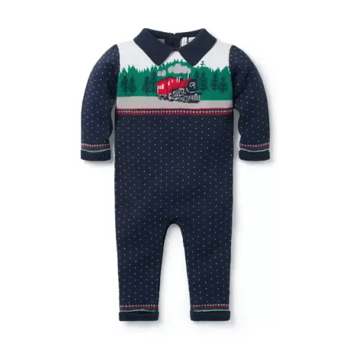 Baby Dark Marine Fair Isle Baby Train Collared One-Piece by Janie and Jack