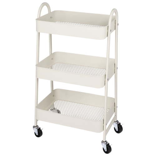 MCQ 3 Tier Metal Rolling Storage Cart, Mobile Shelving Unit Organizer with Lockable Wheels for Office, Bathroom, Kitchen, Laundry Room, White