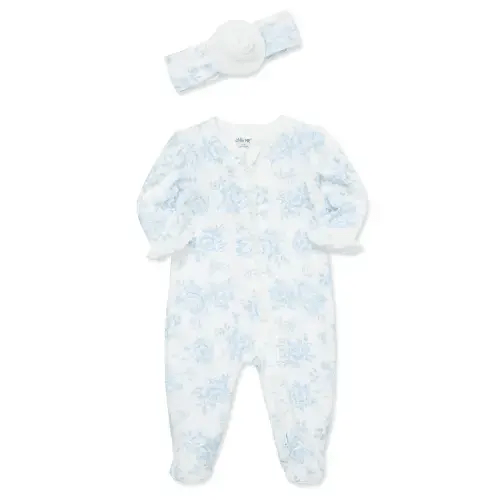 Blue Roses 2-Way-Zip Footed One-Piece And Headband