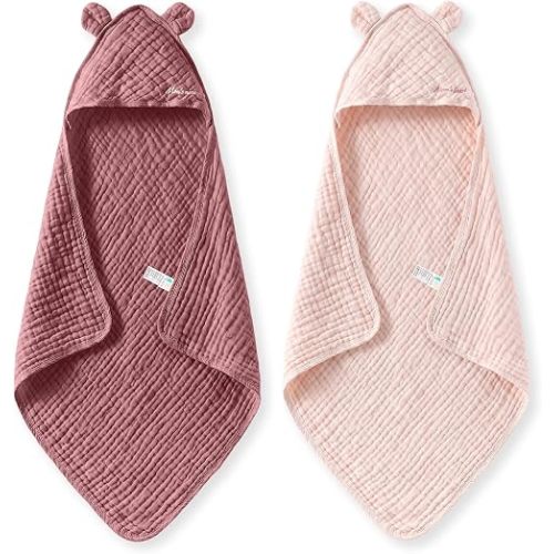 Momcozy Baby Towels, 6-Layer 100% Cotton Muslin Hooded Baby Towel Set for Newborn, Infant & Toddler, Soft Absorbent Baby Bath Essentials, Large 32 x 32 Inch