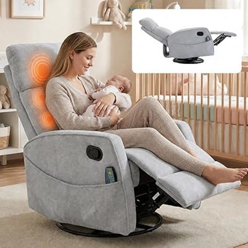 HRVEOCEI Small Recliners for Small Spaces, Manual White Recliner Rocking Chair for Nursery, Velvet Swivel Glider Recliner with Heat and Massage, Side Pockets, Living Room Bedroom