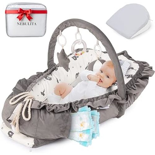 Newborn Lounger ABC - Flexible & Portable w/Infant Support Cushion, Soft & Breathable 100% Cotton - Multi-Use Supervised Baby Lounger for Floor, Travel, Changing Mat Alternative - Premium