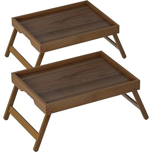 Breakfast Tray with Folding Legs Set of 2, Bamboo Bed Tray Table 15.7" Foldable TV Dinner Tray with Ergonomic Wave Handles for Bed Couch Sofa, Breakfast, Snacks, Coffee, Walnut