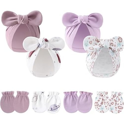 LIDHAY 4PCS Newborn Baby Hospital Hats Beanie Bow Infant Caps Cotton Preemie Hats No Scratch Mittens Set for 0-1 Years Old