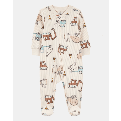 Baby Boy Construction 2-Way Zip Ribbed Sleep & Play Pajamas - Cream