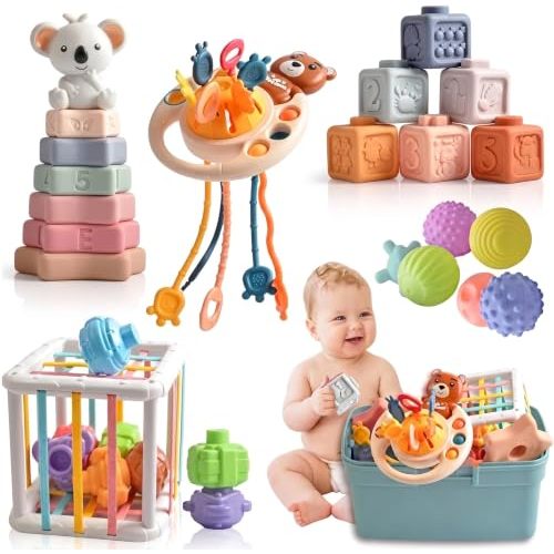 Baby Montessori Sensory Toys 6 to 12 Months, Travel Stroller Infant Toy | 6-in-1 Pull String Activity Toy, Koala Stacker, Soft Blocks, Shape Sorter Developmental Gift for 6-36 Months Boys & Girls