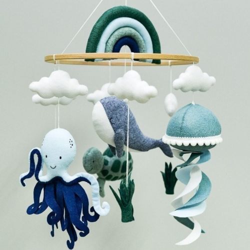 Ocean Baby Mobile | Nautical Nursery Crib Mobile with Whale, Octopus, Turtle & Jellyfish | Handmade Felt Baby Mobile