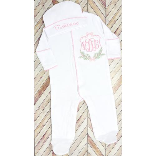 Personalized Newborn Outfit Coming Home Hospital Set Baby Girl Monogram Clothes Custom Embroidered Hat White Pink Floral Design Photo Prop