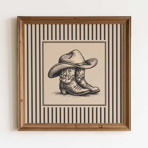 Vintage Western Cowboy Boots & Hat Illustration | Rustic Farmhouse Wall Art | Western Decor Print | Neutral country artwork