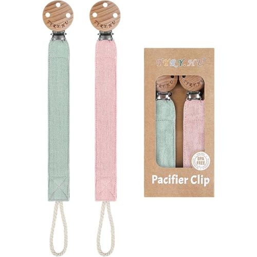 TYRY.HU Ribbon Pacifier Clip Holder,2 Pack Binky Paci Holder Clips, Pacifier Leash for Baby Boys and Girls, Fabric Pacifier Strap Universal Fits for Most Pacifier, Styles & Teethers Toys(Green,Pink)