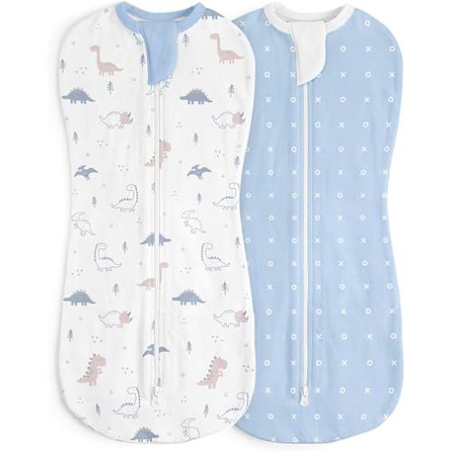 Baby Swaddle 0-2 Months, Cotton Arm-In Zipper Sleep Sack, Wearable Blankets Wrap for Newborn Infant Boys (Dinosaur, Polka Dots, Pack of 2)