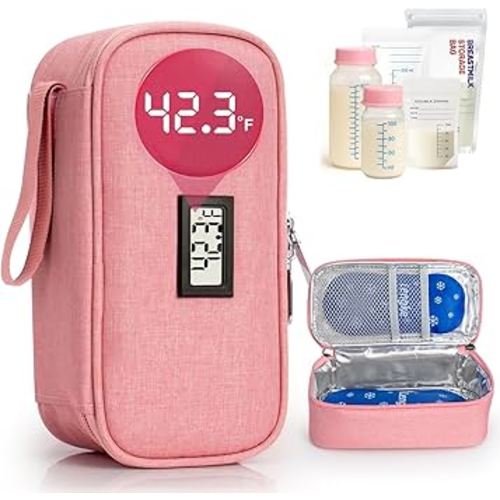 Breast Milk Cooler Travel Bag with Real-Time Temp Display - Holds 20oz Breastmilk Storage Bag & Cooling, Portable Breast Milk Cooler Bags with 2 Ice Packs for Breastmilk Storage (Light Pink)