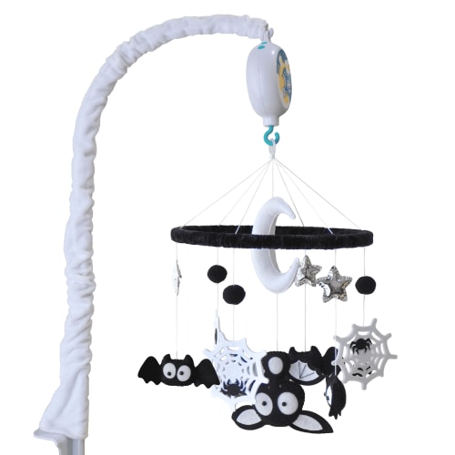 TINITIGIES Bat & Spider Baby Mobile with Music Box – Handmade Felt Crib Mobile, 12 Piano Lullabies, Visual & Cognitive Development Toy for Newborns