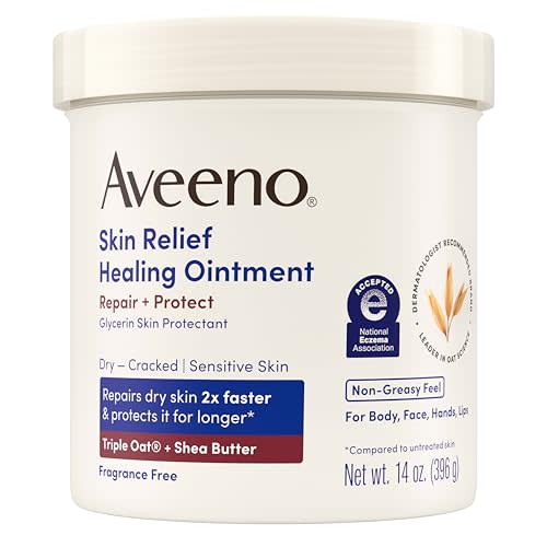 Aveeno Skin Relief Healing Ointment, for Extra Dry, Cracked & Sensitive Skin, 72- Hour Skin Protectant with Triple Oat, Shea Butter & Glycerin, Fragrance-Free for Body, Face, Hands, Lips; 14 oz Jar