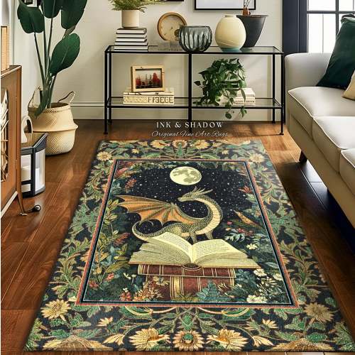 Fantasy Dragon Rug Medieval | Moonlit Library Dark Victorian Floral Woodland Fairytale Accent Rug Forestcore Dark Academia Book Home Decor