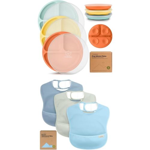 KeaBabies 3-Pack Suction Plates with Lids for Baby and 3-Pack Waterproof Baby Bibs for Eating - 100% Silicone Suction Plates for Baby, Kids, Toddler Plates - Lightweight Baby Bib with Food Catcher