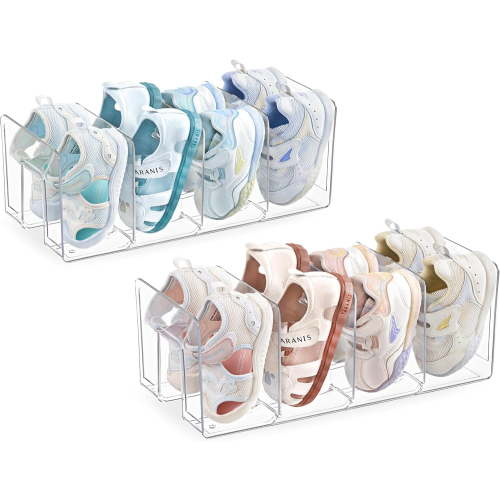Clear Acrylic Kids Shoe Rack for Closet Organizers and Storage, Small Shoe Rack 4 Sections Toddler Baby Shoe Storage Organizer Stackable Shoe Shelf,Desk File Sorter Book Purse Organizer(2 Pack)