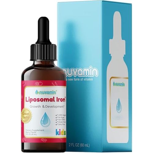 Nuvamin – Liquid Liposomal Iron Drops for Baby, Toddlers, Kids, & Teens, 2Fl.Oz (60ml), 120 Daily Serving. Great Taste - All Natural - Vegan - No Metallic Aftertaste, Berry Flavor