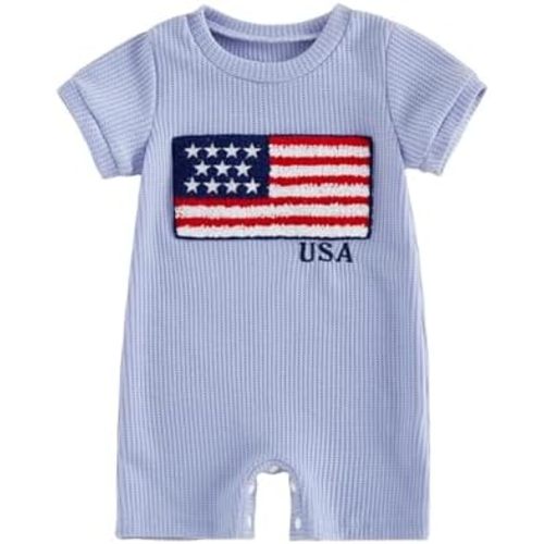Karuedoo Newborn Infant Baby Boy Girl 4th of July Outfit American Flag Embroidery Striped Waffle Short Sleeve Romper Jumpsuit