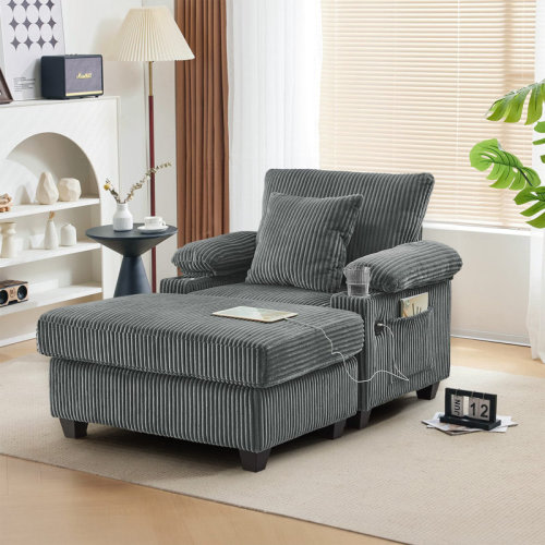 Mercer41 Corduroy Chaise Lounge Chair Indoor with Ottoman & Adjustable Backrest, Upholstered Oversized Accent Chair with USB Charging Ports, Cup Holders, Comfy Reading Sofa Chairs for Living Room, Bedroom & Reviews | Wayfair