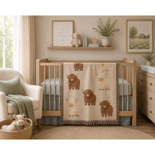 Highland Cow Baby Blanket| Woven Cotton Nursery Blanket|Neutral Farm Nursery Decor| Heirloom Baby Shower Gift| Farmhouse Baby Blanket