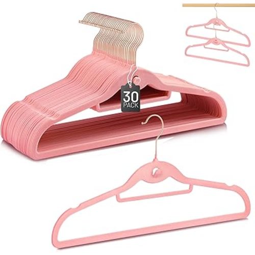 Velvet Hangers 30 Pack, STOPKLAS Pink Clothes Hangers Non Slip Felt Hangers with 360° Swivel Hook, Thin Hanger Space Saving, Heavy Duty Closet Hanger for Clothes, Coats, Suits, Dress, Pants