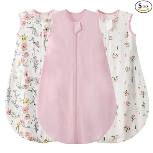 Duomiaomiao 3 Pack Baby Sleep Sack 100% Organic Cotton Lightweight Breathable Comfy Toddler Sleeping Sack (0.5tog Flowers, Large)