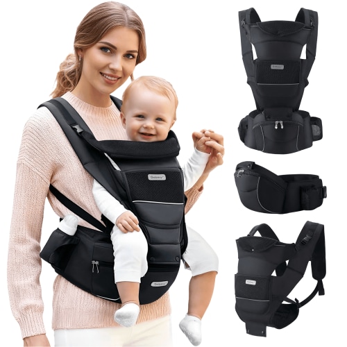 Baby Carrier with Hip Seat Ergonomic M Position 6-in-1 Baby Wraps Carrier Adjustable Holder Newborn to Toddler with Head Support and Breathable Mesh, Black