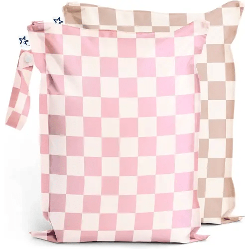 Tiny Twinkle Mess Proof Wet Bags | 2-Pack Reusable Waterproof Wet Bags for Swimsuits | Baby Clothes | Travel & Diaper Bag (Pink, Brown Checkers)
