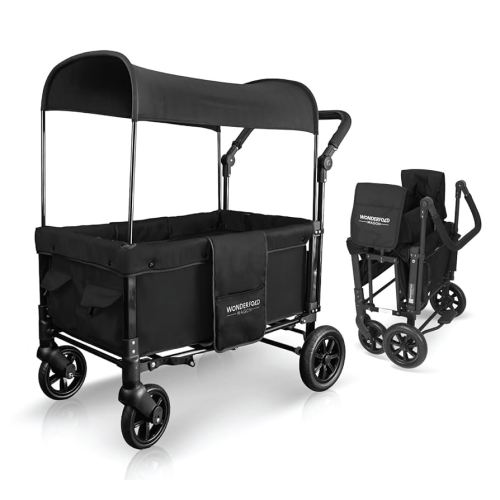 WONDERFOLD W1 Original Stroller Wagon (2 Seater) - Collapsible Wagon Stroller with Seats with 5-Point Harnesses, Adjustable Push Handle, and Sun Canopy, Jet Black
