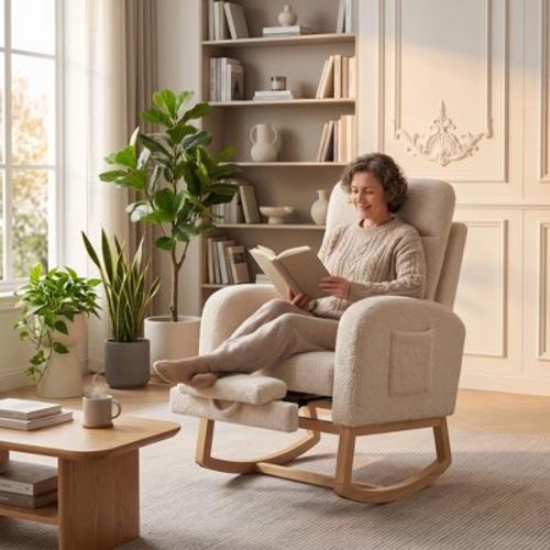 Nursery Rocking Chair. Upholstered Glider Rocker with Side Pocket. Comfortable High Back Rocking Chair for Living Room. Bedroom. Nursing Room