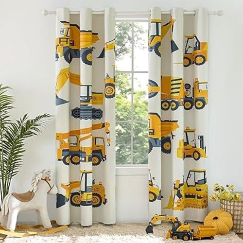 PINNKKU Blackout Constrcution Cars Curtains for Kids, 90% Blackout Curtains for Boys Bedroom Nursery, 52" x 63", Grommet Thermal Insulated Room Darkening Curtains, Set of 2 Panels