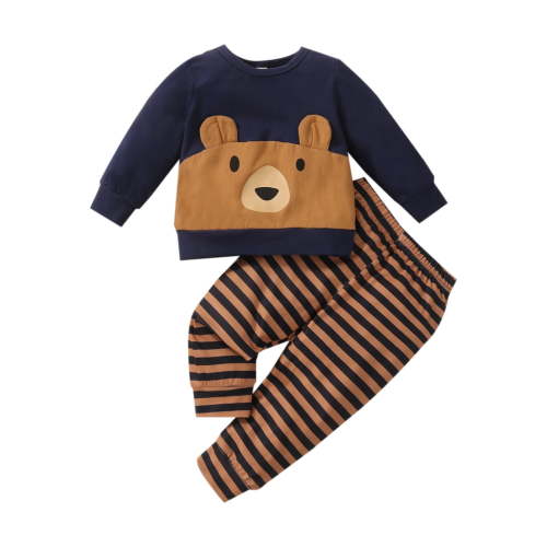 Tiny Cutey Toddler Baby Boy Clothes Outfit Fall Winter Long Sleeve Cartoon Top Stripe Pants Set,12-18M