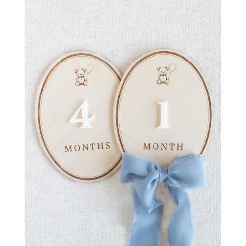 Milestone Markers: Wooden Month Cards for baby boy girl, teddy bear and rocking horse