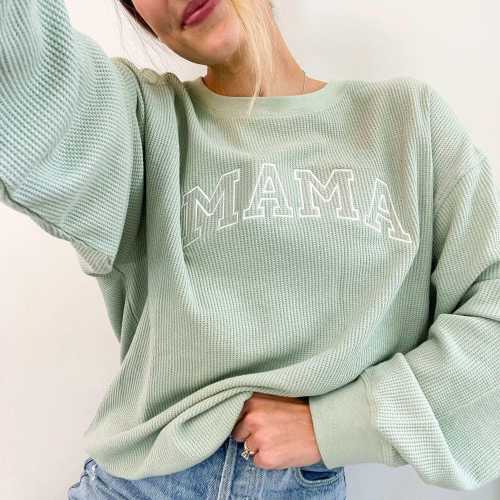 Waffle Knit Mama Crewneck Sweatshirt | Embroidered Mama Sweatshirt | Family Crewneck Sweatshirt | Pregcy Announcement | Gift for Family
