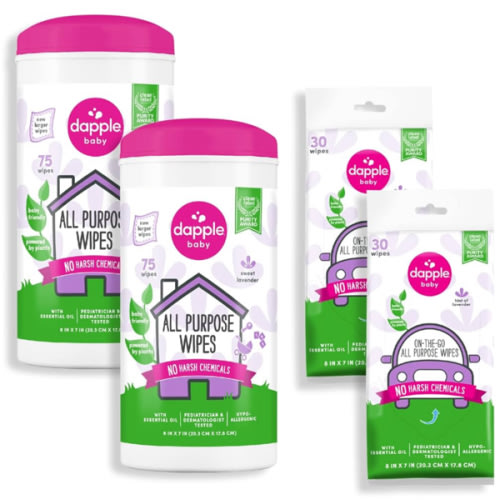 Dapple Baby All Purpose Wipes, Plant Powered, Hint of Lavender, Hypoallergenic, 75 Count Canister (Pack of 2) + 30 Count (Pack of 2)