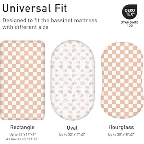 Muslin Bassinet Fitted Sheets, 2 Pack for Baby Boy and Girl, Soft Breathable Baby Pad/Mattress Sheet, Fit for Hourglass Oval and Rectangle Bassinet Mattress (Lattice Rainbow)