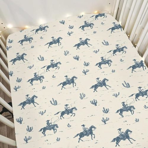 Vintage Cowboys Baby Crib Sheets for Boy Girl 52"x28" Retro Western Cowboy Horse Cactus Soft Stretchy Fitted Crib Mattress Cover Wild Desert Baby Sheet for Standard Crib and Toddler Bed Mattress