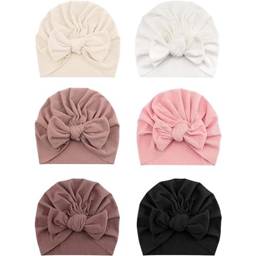 6 PCS Stretchy Baby Turban Hats, Baby Hat with Bows for Girls, Baby Boys Caps, Toddler, Newborn, Infant Hat Unisex