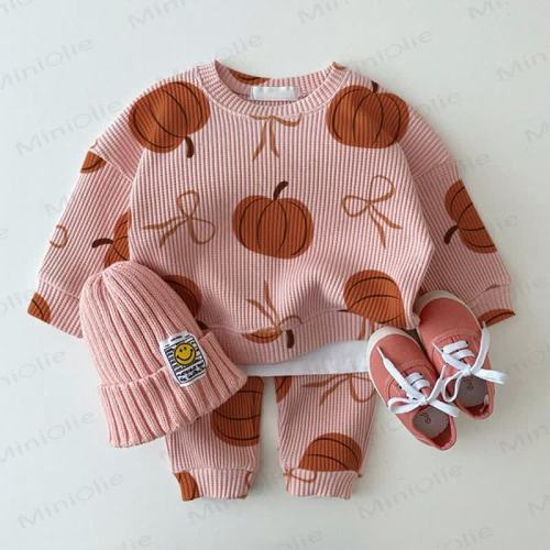 Baby Pumpkin Bow Pink Waffle Sweartshit and Pants 2-piece Set