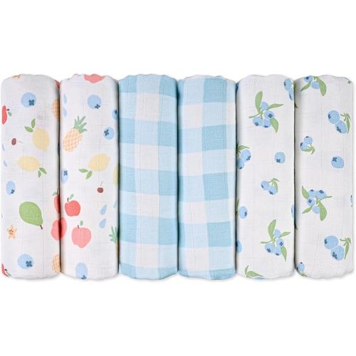 GLLQUEN BABY Receiving Blanket Boy Cotton Muslin Swaddle Blankets Girl Newborn Squares Breathable & Soft Thin Baby Blankets Cloths Double Absorbent Infant Swaddling Wrap - 6 Pack (Azure Berry Dream)