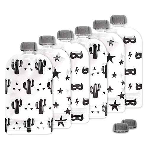 Hippypotamus Reusable Baby Food Pouches for Toddlers - BPA Free Food Grade - Dishwasher & Freezer Safe - Baby Food Containers - Refillable Squeeze Pouch For Applesauce & Yogurt - 6 Pack (black/white)