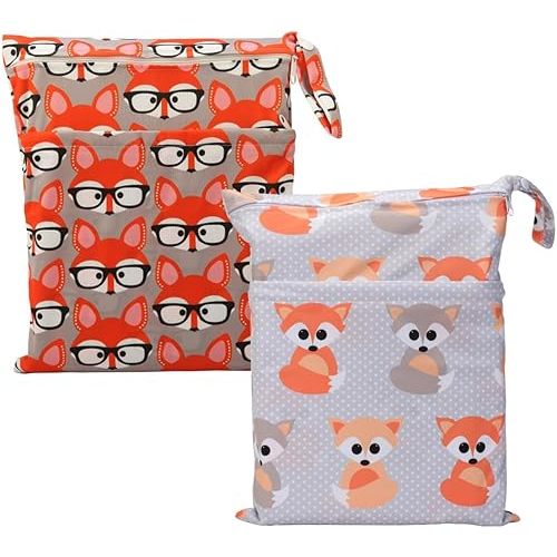 2 Wet Bags Reusable Diaper Nappy Bag With Two Zippered Pockets (Teepee Fox and Glasses Fox)