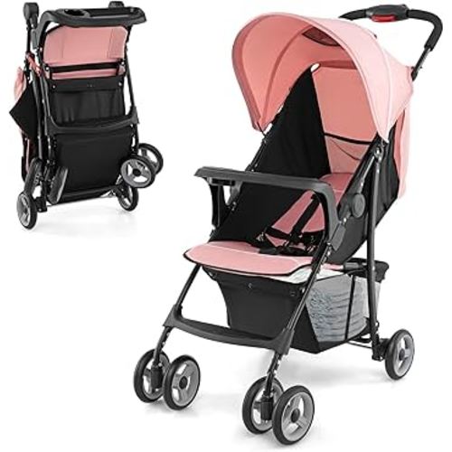 HONEY JOY Lightweight Stroller, Compact Travel Stroller for Airplane, Toddler Fold Pushchair w/Adjustable Canopy & Backrest, Storage Basket, Umbrella Stroller for Infants (Pink)
