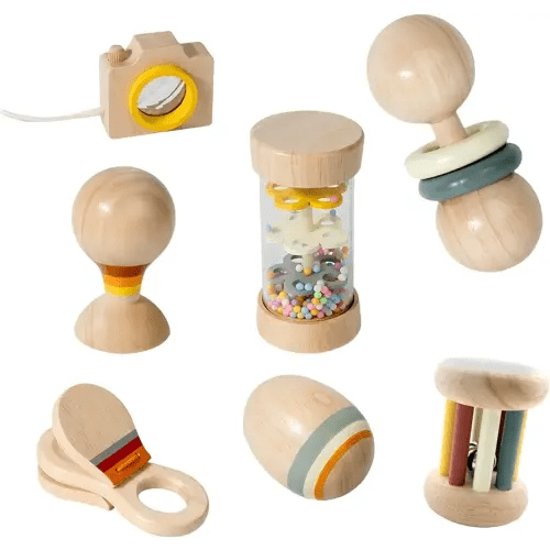 7 PCS Wooden Baby Toys Set - Organic Infant Rattles Newborns 0-6 Month & Montessori-Inspired Musical Instruments for 0-12 Month - Natural Toddler Developmental Toys